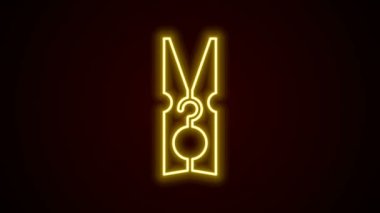 Parlayan neon hattı. Siyah arka planda izole edilmiş eski ahşap iğne simgesi. Elbise askısı. 4K Video hareketli grafik canlandırması