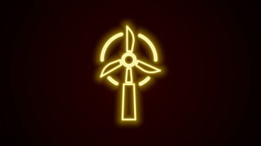 Parlayan neon hattı rüzgar türbini simgesi siyah arkaplanda izole edildi. Rüzgar jeneratörü işareti. Elektrik üretimi için yel değirmeni. 4K Video hareketli grafik canlandırması