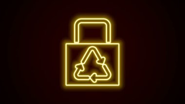 Siyah arkaplanda izole edilmiş geri dönüşüm ikonu olan parlak neon çizgili kağıt alışveriş torbası. Geri dönüşüm sembollü çanta. 4K Video hareketli grafik canlandırması