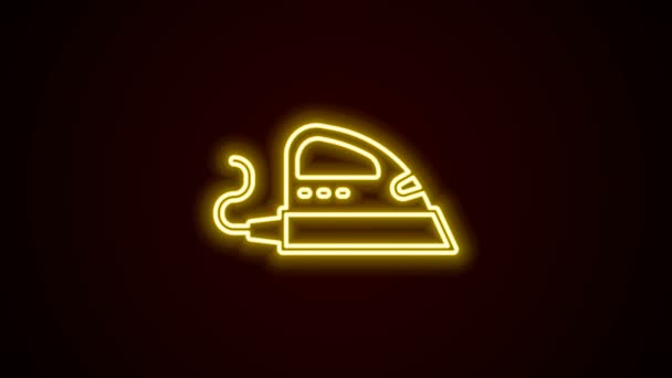 Parlayan neon hattı siyah zemin üzerinde izole edilmiş elektrikli demir ikonu. Buhar ütüsü. 4K Video hareketli grafik canlandırması — Stok video
