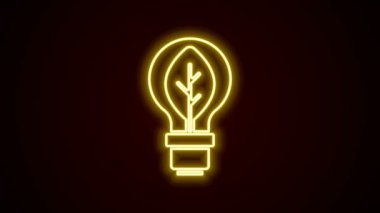 Siyah zemin üzerinde yaprak simgesi olan parlak neon çizgisi ampul. Çevre enerjisi kavramı. Alternatif enerji kavramı. 4K Video hareketli grafik canlandırması
