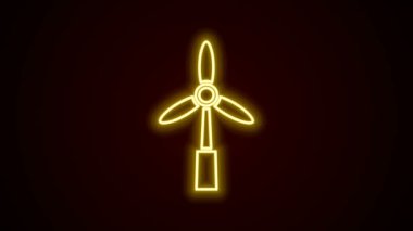 Parlayan neon hattı rüzgar türbini simgesi siyah arkaplanda izole edildi. Rüzgar jeneratörü işareti. Elektrik üretimi için yel değirmeni. 4K Video hareketli grafik canlandırması