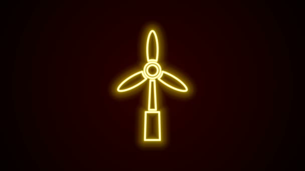 ネオンラインの輝き黒い背景に孤立した風力タービンアイコン。風力発電機の標識。電力生産のための風車。4Kビデオモーショングラフィックアニメーション — ストック動画