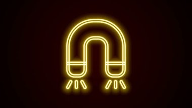 Parlayan neon hattı mıknatıs simgesi siyah arkaplanda izole edildi. At nalı mıknatısı, manyetizma, manyetizma, çekim. 4K Video hareketli grafik canlandırması