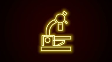Parlayan neon hattı mikroskop simgesi siyah arkaplanda izole edildi. Kimya, ilaç aleti, mikrobiyoloji büyütme aracı. 4K Video hareketli grafik canlandırması
