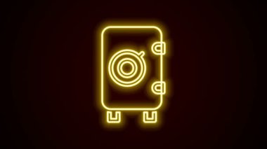 Parlayan neon hattı siyah arkaplanda güvenli simge. Kapı, şifreli bir banka kasası. Güvenilir Veri Koruma. 4K Video hareketli grafik canlandırması