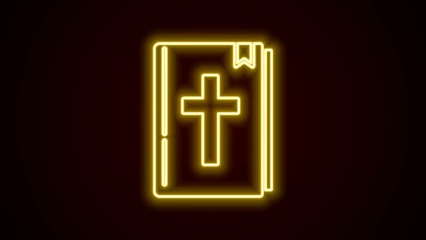 Linha de néon brilhante Ícone do livro da Bíblia Sagrada isolado no fundo preto. Animação gráfica em movimento de vídeo 4K — Vídeo de Stock