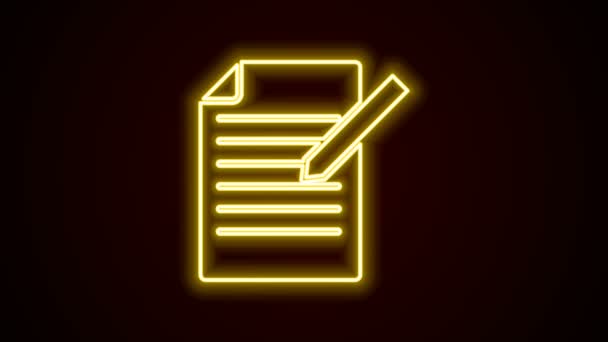 Glowing neon line Document and pen icon isolated on black background. File icon. Checklist icon. Business concept. 4K Video motion graphic animation — Stock Video