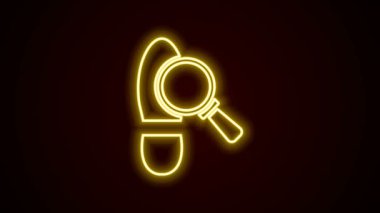 Siyah zemin üzerinde izole ayak izi olan parlak neon çizgi büyüteç. Dedektif araştırıyor. Ayak izlerini takip etmek için. 4K Video hareketli grafik canlandırması