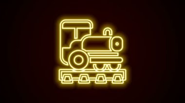 Parlayan neon hattı Vintage lokomotif simgesi siyah arkaplanda izole edildi. Buharlı lokomotif. 4K Video hareketli grafik canlandırması