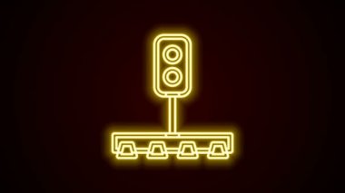 Parlayan neon hattı trafik ışığı simgesi siyah arkaplanda izole edildi. Trenlerin hareketlerini düzenlemek için demiryolu için trafik ışıkları. 4K Video hareketli grafik canlandırması