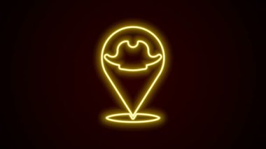 Parlayan neon hattı konum korsan simgesi siyah arkaplanda izole edildi. 4K Video hareketli grafik canlandırması