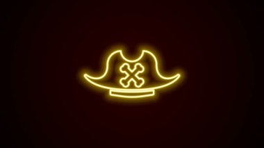 Parlayan neon hattı korsan şapka simgesi siyah arkaplanda izole edildi. 4K Video hareketli grafik canlandırması