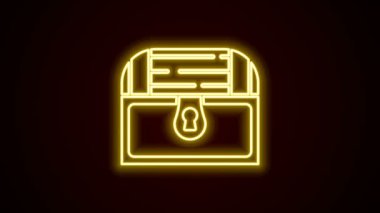 Parlayan neon hattı Antika hazine sandığı simgesi siyah arka planda izole edildi. Altın sikkeli klasik tahta sandık. 4K Video hareketli grafik canlandırması