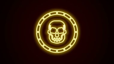 Parlayan neon hattı Korsan madeni para simgesi siyah arkaplanda izole edildi. 4K Video hareketli grafik canlandırması