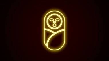 Parlayan neon hattı Yeni doğan bebek kundaklanmış ya da siyah arka planda izole edilmiş kundaklama simgesi. Bebek çocuk battaniyeye sarılmış. 4K Video hareketli grafik canlandırması