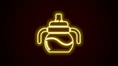 Parlayan neon hattı bebek şişe ikonu siyah arka planda izole edildi. Beslenme şişesi simgesi. Süt şişesi tabelası. 4K Video hareketli grafik canlandırması