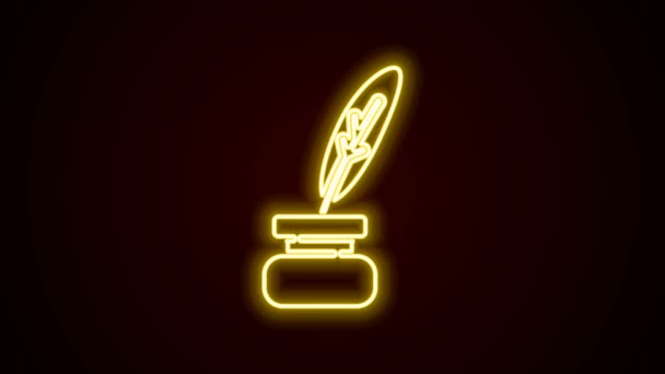 Linea neon incandescente Icona con piuma e calamaio isolata su sfondo nero. Animazione grafica 4K Video motion — Video Stock