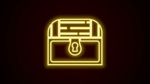 Gloeiende neon lijn Antieke schatkist pictogram geïsoleerd op zwarte achtergrond. Vintage houten kist met gouden munt. 4K Video motion grafische animatie — Stockvideo