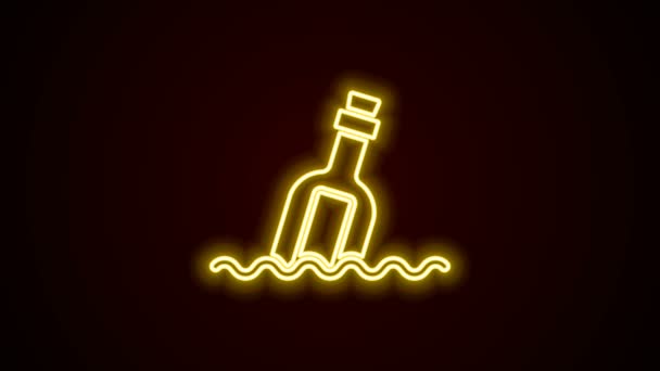 Świecąca neonowa linia Butelka szklana z wiadomością w ikonie wody odizolowana na czarnym tle. List do butelki. Symbol piratów. 4K Animacja graficzna ruchu wideo — Wideo stockowe
