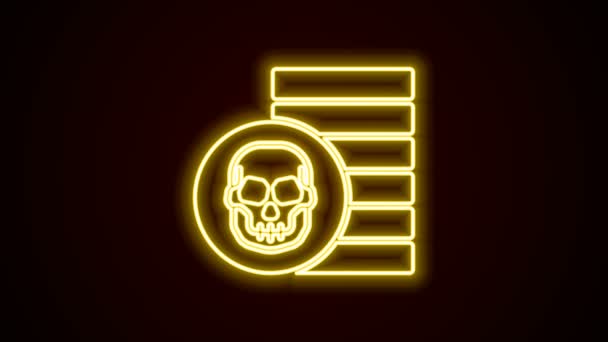 Zářící neonová linie Pirátská mince ikona izolované na černém pozadí. Grafická animace pohybu videa 4K — Stock video