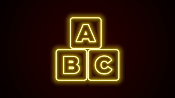 Zářící neonová čára ABC blokuje ikonu izolovanou na černém pozadí. Kostky abecedy s písmeny A, B, C. Grafická animace pohybu videa 4K — Stock video