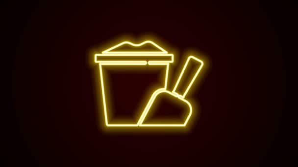 Glowing neon line Sand in bucket with shovel icon isolated on black background. Plastic kid toy. Summer icon. 4K Video motion graphic animation — Stock Video