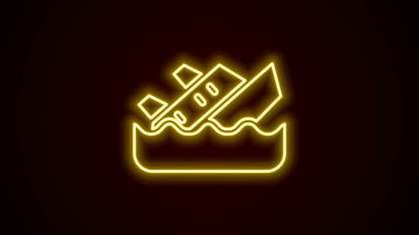 Glödande neon linje sjunkande kryssningsfartyg ikon isolerad på svart bakgrund. Turism sjöfart. Passagerarfartyg, kryssningsfartyg. 4K Video motion grafisk animation — Stockvideo
