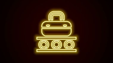 Siyah arka planda parlayan neon hat taşıyıcı bavul, bavul, çanta ve bagaj ikonu var. 4K Video hareketli grafik canlandırması