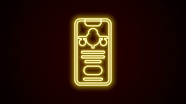 Siyah arka planda elektronik geçiş kartı olan parlak neon hat akıllı telefon ikonu. Web ve uygulama için yolcu uçağı bileti. 4K Video hareketli grafik canlandırması