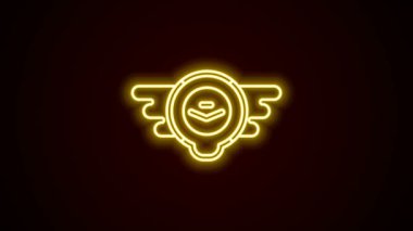 Parlayan neon hattı hava simgesi simgesi siyah arkaplanda izole edildi. Askeri ve sivil havacılık simgeleri. Uçan amblem, kartal kanadı ve kanatlı çerçeve. 4K Video hareketli grafik canlandırması