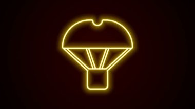 Parlayan neon hattı kutusunun paraşüt ikonu üzerinde uçuşu siyah arka planda izole edildi. Nakliye için paraşütlü paket. Teslimat servisi, hava taşımacılığı. 4K Video hareketli grafik canlandırması
