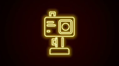 Parlayan neon hattı Eylem aşırı kamera simgesi siyah arkaplanda izole edildi. Ekstrem sporları çekmek için video kamera ekipmanı. 4K Video hareketli grafik canlandırması