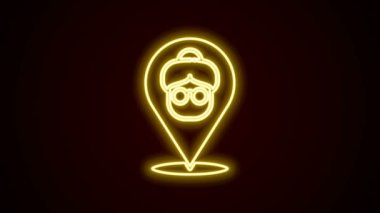 Parlayan neon hattı, siyah arka planda izole edilmiş huzurevi ikonu. Yaşlı ve hasta insanlar için sağlık hizmeti. Emekli insanlar için merkez. 4K Video hareketli grafik canlandırması