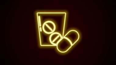 Siyah arkaplanda parlayan neon hattı ilaç veya tablet ikonu. Kapsül hapı ve uyuşturucu işareti. Eczane tasarımı. 4K Video hareketli grafik canlandırması