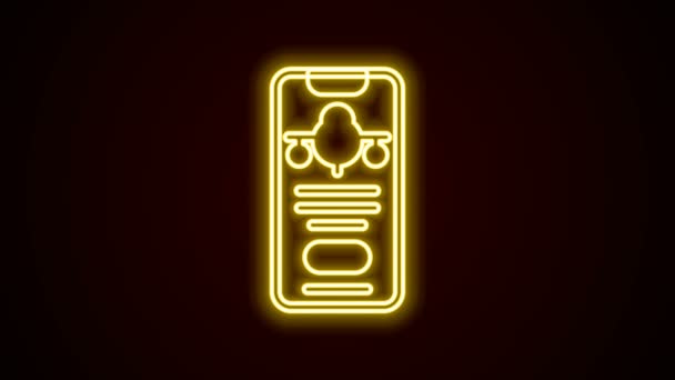 Gloeiende neon lijn Smartphone met elektronische instapkaart ticket pictogram geïsoleerd op zwarte achtergrond. Passagiersvliegtuig mobiel ticket voor web en app. 4K Video motion grafische animatie — Stockvideo