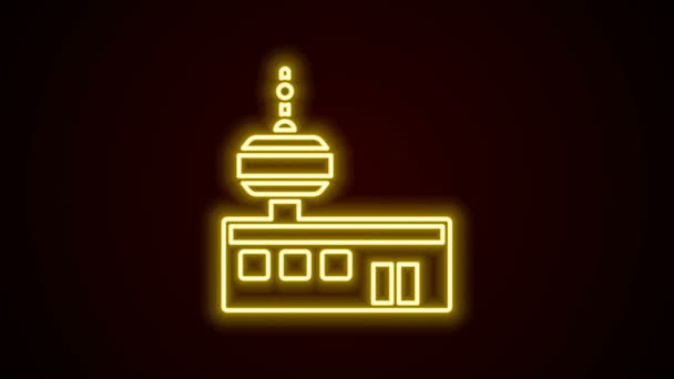 Parlayan neon hattı havaalanı kontrol kulesi simgesi siyah arkaplanda izole edildi. 4K Video hareketli grafik canlandırması — Stok video