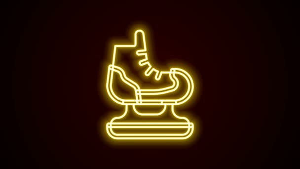 Glödande neon line skridskor ikon isolerad på svart bakgrund. Skridskoikonen. Sportkängor med blad. 4K Video motion grafisk animation — Stockvideo