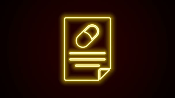 Glödande neon line Medicinsk receptbelagda ikon isolerad på svart bakgrund. Rx form. Recept medicinsk. Apoteks- eller medicinsymbol. 4K Video motion grafisk animation — Stockvideo