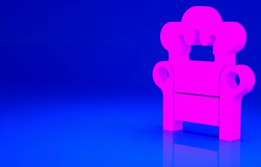 Mavi arka planda izole edilmiş pembe Ortaçağ taht ikonu. Minimalizm kavramı. 3d illüstrasyon 3B canlandırma.
