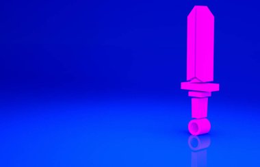 Mavi arka planda izole edilmiş pembe Ortaçağ kılıç ikonu. Ortaçağ silahı. Minimalizm kavramı. 3d illüstrasyon 3B canlandırma.