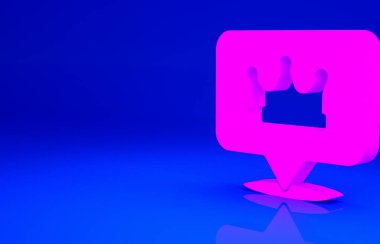 Pembe Konum kral taç simgesi mavi arkaplanda izole edildi. Minimalizm kavramı. 3d illüstrasyon 3B canlandırma.