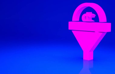 Pembe Lider yönetim simgesi mavi arkaplanda izole edildi. Paralı huni. Hedef müşteri iş konsepti. Minimalizm kavramı. 3d illüstrasyon 3B canlandırma.