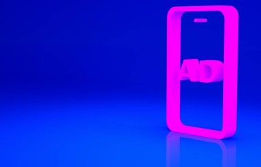 Mavi arkaplanda pembe reklam simgesi izole edildi. Pazarlama ve tanıtım süreci kavramı. İlgili reklamlar. Sosyal medya reklamcılığı. Minimalizm kavramı. 3d illüstrasyon 3B canlandırma.