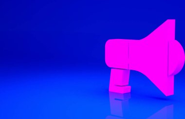 Mavi arkaplanda izole edilmiş pembe megafon simgesi. Sözcü işareti. Minimalizm kavramı. 3d illüstrasyon 3B canlandırma.
