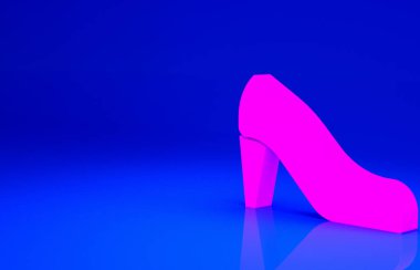 Mavi arka planda izole edilmiş yüksek topuklu pembe kadın ayakkabısı. Minimalizm kavramı. 3d illüstrasyon 3B canlandırma.