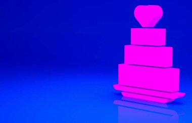 Mavi arka planda kalp ikonu olan pembe düğün pastası. Minimalizm kavramı. 3d illüstrasyon 3B canlandırma.