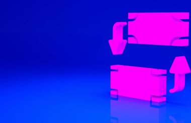 Pembe Para Takas simgesi mavi arkaplanda izole edildi. Para transferi sembolü. Bankacılık işareti. Minimalizm kavramı. 3d illüstrasyon 3B canlandırma.