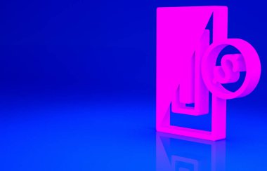 Pembe El, otomatik satış makinesindeki bir deliğe para sokuyor ya da mavi arka planda izole edilmiş bir oyun makinesi simgesi. Minimalizm kavramı. 3d illüstrasyon 3B canlandırma.