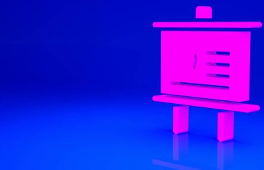 Mavi arkaplanda grafiği, çizelgesi, diyagramı, bilgi grafiği, turta grafik simgesi olan pembe sunum tahtası izole edilmiş. Minimalizm kavramı. 3d illüstrasyon 3B canlandırma.